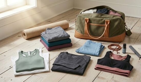 vêtements yoga en matières naturelles pliés pour valise retraite