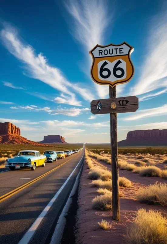 Une route droite traversant un paysage désertique avec des voitures anciennes garées et un panneau Route 66 en bois, sous un ciel bleu avec quelques nuages.