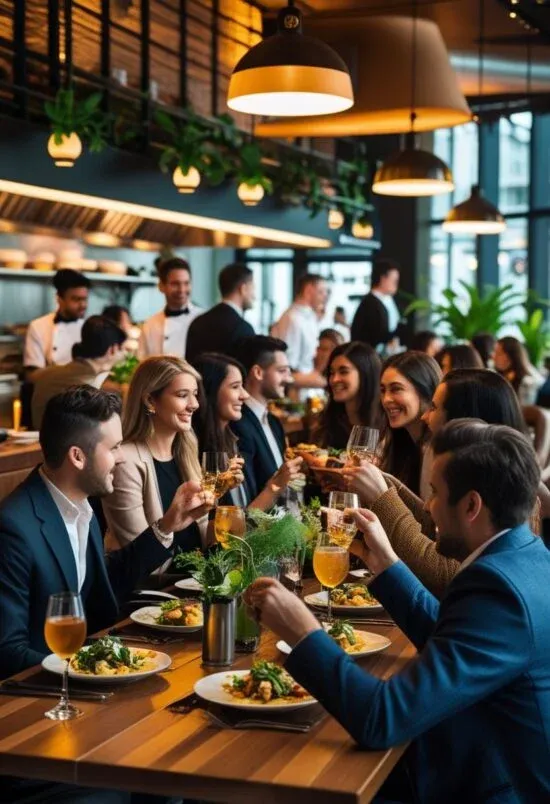 Intérieur animé d'un restaurant moderne à Montréal avec des clients dégustant des plats gourmets dans une ambiance chaleureuse.