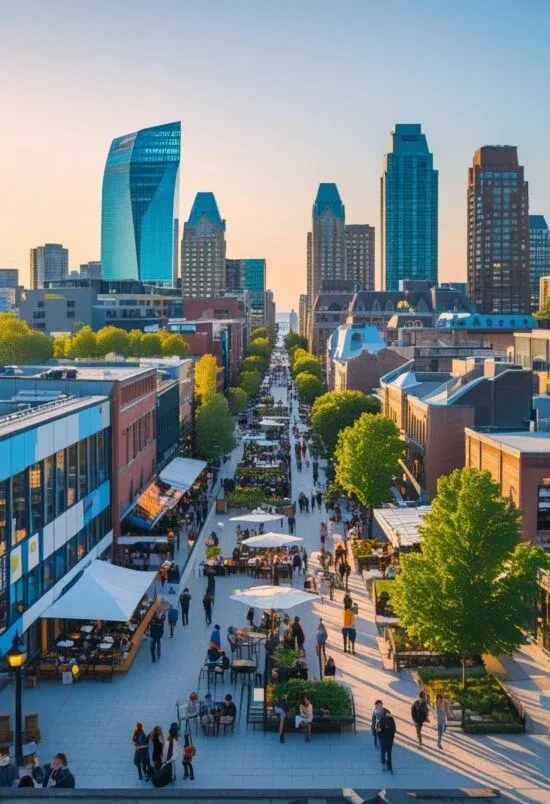 Une scène urbaine animée à Montréal avec des cafés modernes, des œuvres de street art, des personnes qui socialisent et l'horizon de la ville en arrière-plan