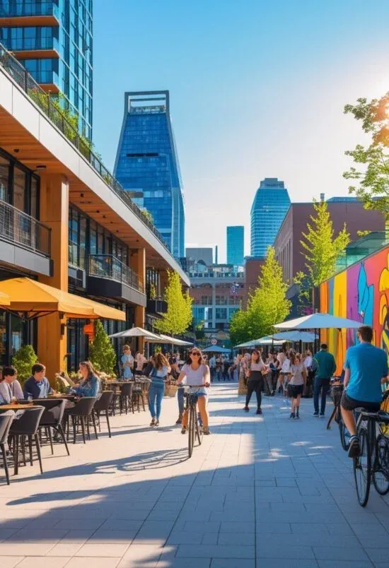 Une scène urbaine animée à Montréal avec des cafés modernes, des œuvres de street art, des personnes qui socialisent et l'horizon de la ville en arrière-plan.