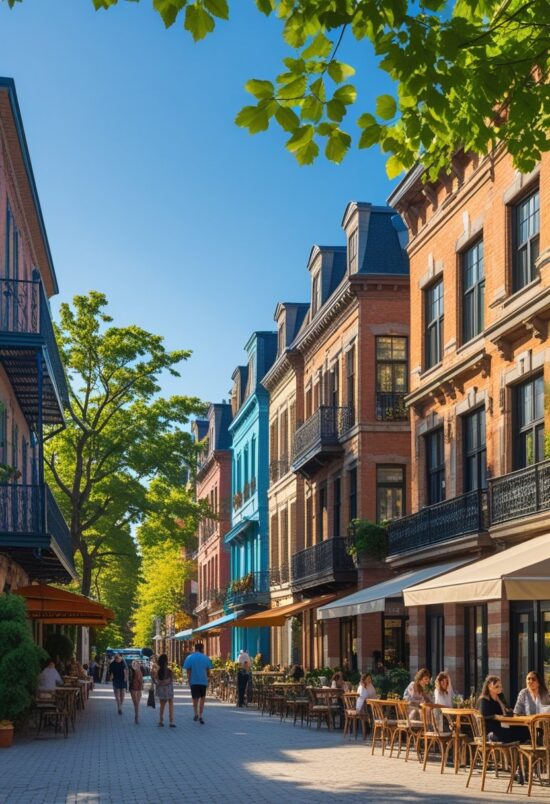 Une rue animée du Plateau-Mont-Royal à Montréal avec des bâtiments colorés, des arbres verts et des cafés en plein air sous un ciel bleu clair.