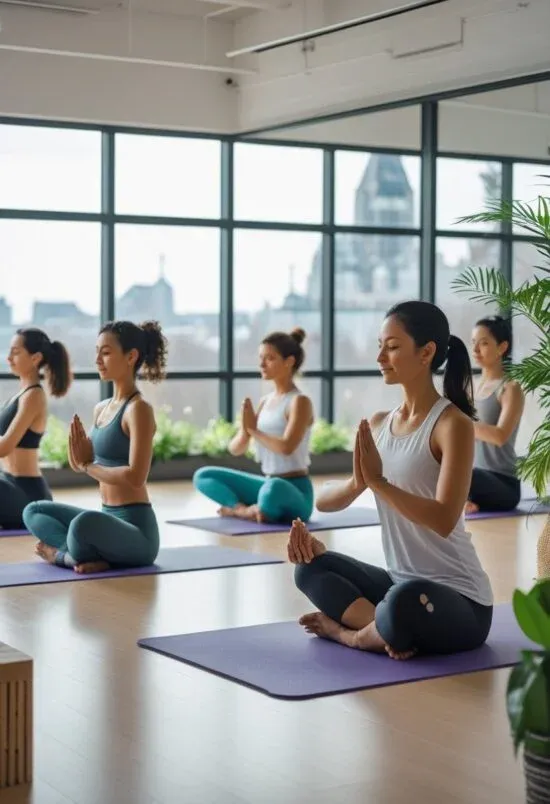 Groupe de personnes pratiquant le yoga, la méditation et le pilates dans un studio lumineux avec vue sur Montréal.
