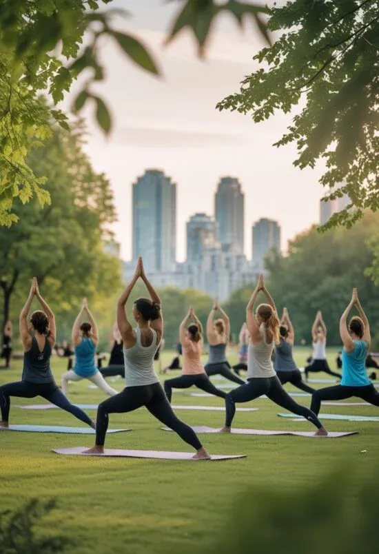Un groupe de personnes pratiquant le yoga dans un parc urbain à Montréal avec des bâtiments en arrière-plan.