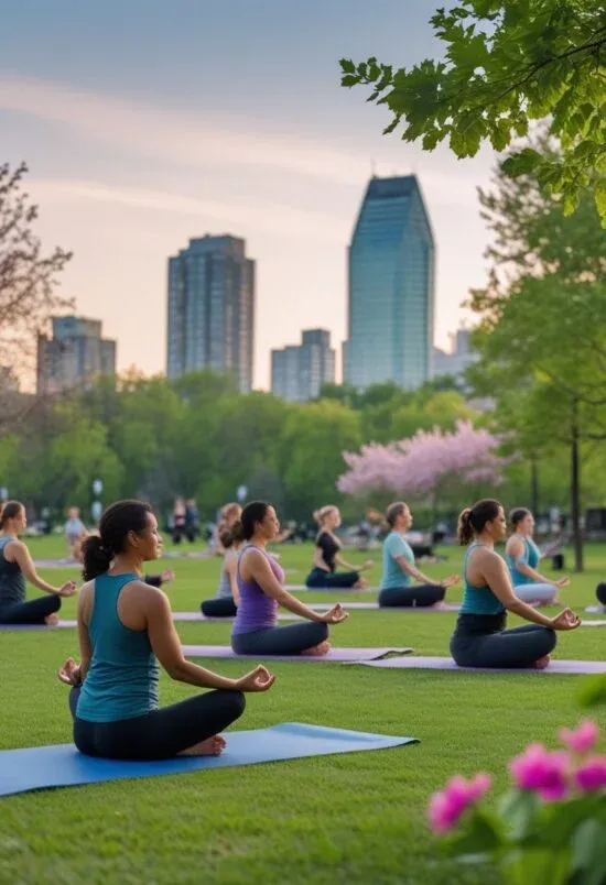 Personnes pratiquant le yoga, la méditation et le pilates dans un parc de Montréal avec la silhouette de la ville en arrière-plan.